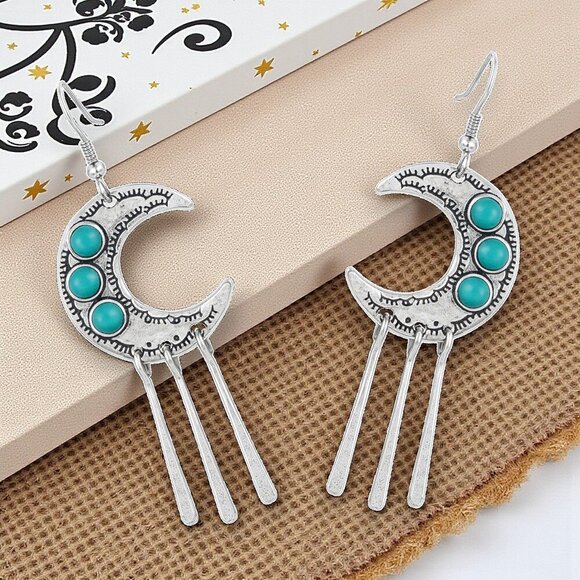 🆕️Mystic Boho Turquoise Crescent Moon Dangle Earrings Antique Silver Vibes - Picture 5 of 14